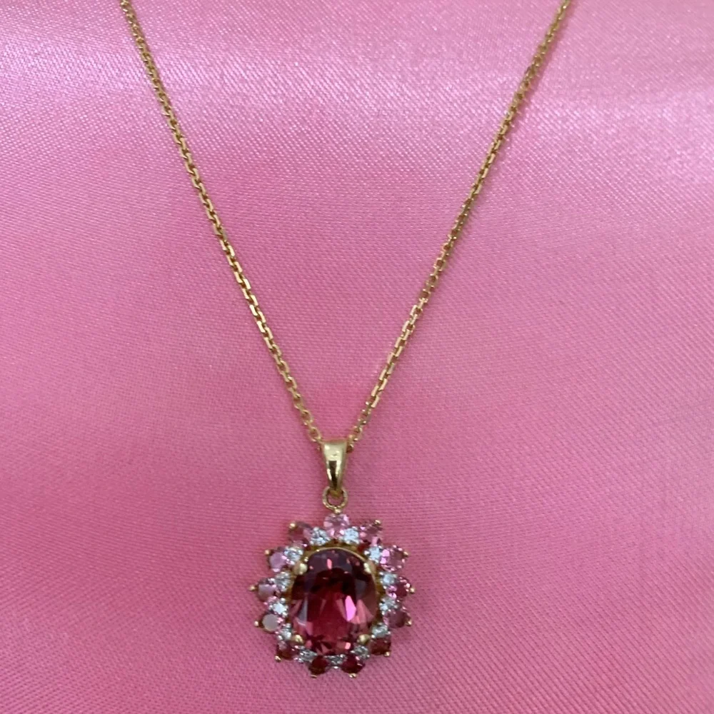 Pink Tourmaline & Diamond 14K YG SUNBURST Pendant w/ 18” Chain - Picture 3 of 10